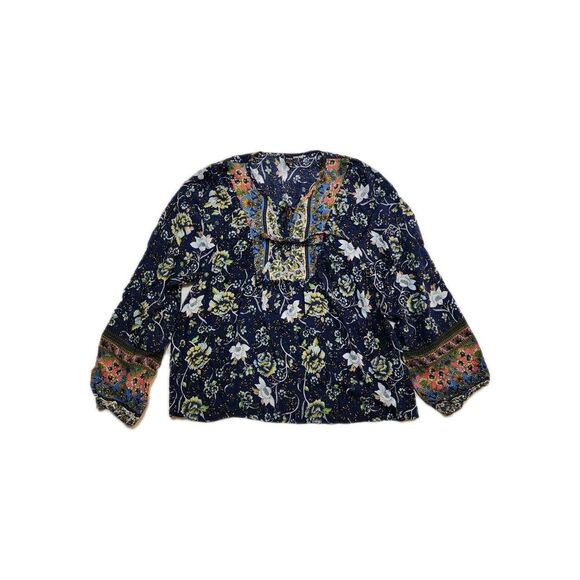 SHEIN Peasant Top Women's Large Blue Boho Floral Tie Neck Flowy Beachy - Picture 1 of 7